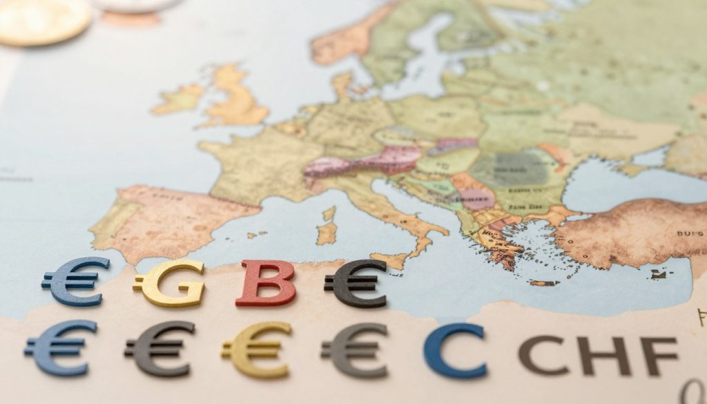 A visually striking illustration of European currency abbreviations. In the foreground, a neatly arranged collection of currency symbols and abbreviations such as EUR, GBP, CHF, and others, each symbol distinct and artistically represented. In the middle ground, a softly blurred map of Europe, highlighting the countries corresponding to the currencies, with gentle, warm lighting creating a scholarly atmosphere. The background features subtle hints of economic elements, like graphs or coins, ensuring it remains understated. The image should have a clean, professional look, emphasizing clarity and organization, suitable for educational content. Soft natural light to enhance the textures and colors, captured from a slight top-down angle to provide depth. The overall mood should be informative and inviting, perfect for a financial guide.