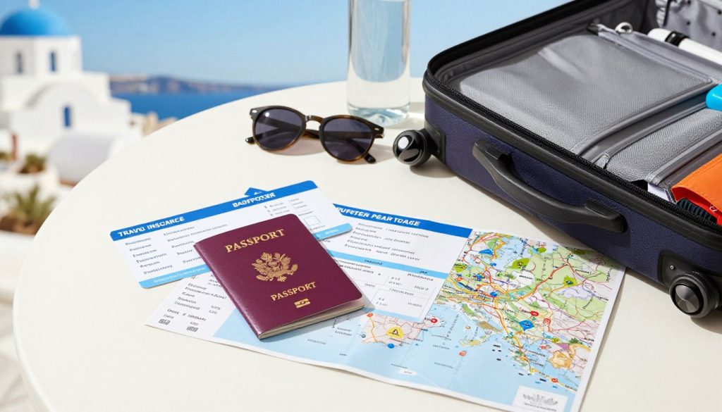 A well-lit table surrounded by travel essentials for Greece, featuring an open passport, travel insurance documents, a boarding pass, and a map highlighting popular destinations. In the foreground, a stylish, organized carry-on bag is partially visible, showcasing a neatly packed travel pouch with essential items. The middle ground includes a pair of sunglasses and a reusable water bottle, symbolizing a sense of adventure. The background reveals a soft-focus Mediterranean landscape, with blue skies and hints of ancient architecture. The mood is vibrant and inspiring, encouraging preparation for travel. The lighting is bright and cheerful, suggesting a sunny day, captured from a slightly elevated angle to create depth and interest.