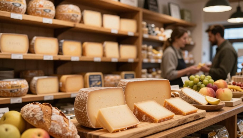 A cozy Polish grocery store interior showcasing a selection of brunost cheese. In the foreground, a wooden cheese board elegantly displays slices of caramel-colored brunost, accompanied by fresh bread and fruits. The middle ground features neatly arranged rustic shelves filled with various brands of brunost, emphasizing its uniqueness and cultural significance. In the background, warm lighting creates an inviting atmosphere, illuminating the store's charm and emphasizing the rich textures of the wooden shelves. The overall mood is warm and inviting, with a slight rustic flavor that suggests a focus on local, quality products. A professional business-attired shopkeeper can be seen assisting a customer, adding a sense of community. A cozy Polish grocery store interior showcasing a selection of brunost cheese. In the foreground, a wooden cheese board elegantly displays slices of caramel-colored brunost, accompanied by fresh bread and fruits. The middle ground features neatly arranged rustic shelves filled with various brands of brunost, emphasizing its uniqueness and cultural significance. In the background, warm lighting creates an inviting atmosphere, illuminating the store's charm and emphasizing the rich textures of the wooden shelves. The overall mood is warm and inviting, with a slight rustic flavor that suggests a focus on local, quality products. A professional business-attired shopkeeper can be seen assisting a customer, adding a sense of community.