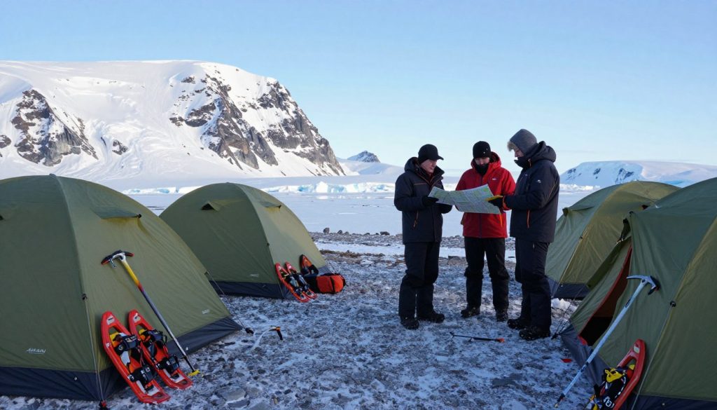 A detailed preparation scene for an Arctic expedition, featuring a well-organized campsite in the foreground. Essential gear like insulated tents, snowshoes, and ice axes are neatly arranged, conveying a sense of safety and readiness. In the middle ground, a group of three individuals dressed in modest, professional winter outerwear is engaged in discussions, checking maps and equipment. The background showcases a striking Arctic landscape with snow-covered mountains under a clear blue sky, emphasizing the pristine beauty and harsh conditions of the environment. The lighting is soft and natural, simulating the cool, crisp atmosphere of the Arctic. The overall mood conveys both excitement and careful preparation for adventure, highlighting the importance of safety in such remote locations. A detailed preparation scene for an Arctic expedition, featuring a well-organized campsite in the foreground. Essential gear like insulated tents, snowshoes, and ice axes are neatly arranged, conveying a sense of safety and readiness. In the middle ground, a group of three individuals dressed in modest, professional winter outerwear is engaged in discussions, checking maps and equipment. The background showcases a striking Arctic landscape with snow-covered mountains under a clear blue sky, emphasizing the pristine beauty and harsh conditions of the environment. The lighting is soft and natural, simulating the cool, crisp atmosphere of the Arctic. The overall mood conveys both excitement and careful preparation for adventure, highlighting the importance of safety in such remote locations.