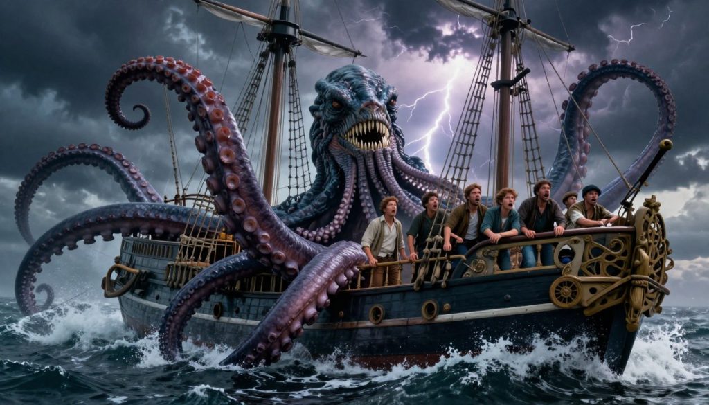 A dramatic and captivating scene depicting a kraken in popular culture. In the foreground, the immense tentacles of the kraken rise dramatically from the ocean, artistically intertwined with a classic ship, showcasing a clash between legend and modern interpretation. The middle ground features the ship’s crew in modest casual clothing, looking astonished, with expressions of awe and fear. The background includes a stormy sky filled with dark clouds, lightning illuminating the scene in vivid bursts. The atmosphere is tense and cinematic, with waves crashing against the ship, creating a sense of movement and chaos. The lighting is moody and dynamic, highlighting the creature’s textured skin and the intricate details of the ship. The image should evoke a sense of wonder and nostalgia, reflecting the kraken's status as a symbol in popular culture. A dramatic and captivating scene depicting a kraken in popular culture. In the foreground, the immense tentacles of the kraken rise dramatically from the ocean, artistically intertwined with a classic ship, showcasing a clash between legend and modern interpretation. The middle ground features the ship’s crew in modest casual clothing, looking astonished, with expressions of awe and fear. The background includes a stormy sky filled with dark clouds, lightning illuminating the scene in vivid bursts. The atmosphere is tense and cinematic, with waves crashing against the ship, creating a sense of movement and chaos. The lighting is moody and dynamic, highlighting the creature’s textured skin and the intricate details of the ship. The image should evoke a sense of wonder and nostalgia, reflecting the kraken's status as a symbol in popular culture.