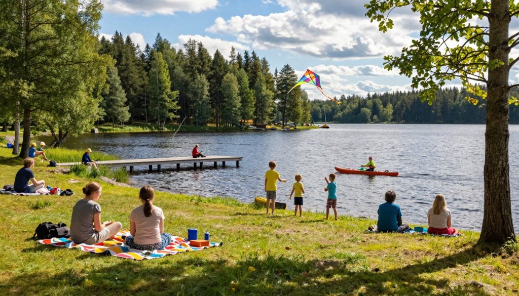 A picturesque scene at Lake Saimaa, Finland, showcasing vibrant summer activities. In the foreground, families enjoy leisurely pursuits: a group of people, dressed in modest casual clothing, are picnicking on a grassy bank with colorful blankets spread out. Nearby, children are playing with a kite, while a couple is kayaking on the shimmering water. In the middle ground, a small wooden pier juts out into the lake, where others fish or relax. The background features lush green forests surrounding the lake, with a clear blue sky adorned with soft, fluffy clouds. Gentle sunlight filters through the trees, casting dappled shadows on the ground, creating a warm and inviting atmosphere. The scene conveys a sense of tranquility and joy in nature, ideal for promoting outdoor activities in the region. A picturesque scene at Lake Saimaa, Finland, showcasing vibrant summer activities. In the foreground, families enjoy leisurely pursuits: a group of people, dressed in modest casual clothing, are picnicking on a grassy bank with colorful blankets spread out. Nearby, children are playing with a kite, while a couple is kayaking on the shimmering water. In the middle ground, a small wooden pier juts out into the lake, where others fish or relax. The background features lush green forests surrounding the lake, with a clear blue sky adorned with soft, fluffy clouds. Gentle sunlight filters through the trees, casting dappled shadows on the ground, creating a warm and inviting atmosphere. The scene conveys a sense of tranquility and joy in nature, ideal for promoting outdoor activities in the region.