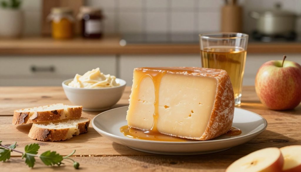 A rustic wooden table set in a warm kitchen environment, highlighting a plate of brunost cheese with a rich caramel-like color and smooth texture. In the foreground, the cheese is surrounded by slices of crisp bread and fresh fruit, showcasing its nutritional elements. The middle ground features a small bowl of soft cheese spread and a glass of apple cider, enhancing the pairing with brunost. The background is softly blurred, featuring shelves with jars of preserves and herbs, creating a cozy atmosphere. Soft, natural lighting illuminates the scene, casting gentle shadows and enhancing the warm tones of the cheese. The mood is inviting and appetizing, perfect for showcasing the unique taste and nutritional values of brunost. A rustic wooden table set in a warm kitchen environment, highlighting a plate of brunost cheese with a rich caramel-like color and smooth texture. In the foreground, the cheese is surrounded by slices of crisp bread and fresh fruit, showcasing its nutritional elements. The middle ground features a small bowl of soft cheese spread and a glass of apple cider, enhancing the pairing with brunost. The background is softly blurred, featuring shelves with jars of preserves and herbs, creating a cozy atmosphere. Soft, natural lighting illuminates the scene, casting gentle shadows and enhancing the warm tones of the cheese. The mood is inviting and appetizing, perfect for showcasing the unique taste and nutritional values of brunost.