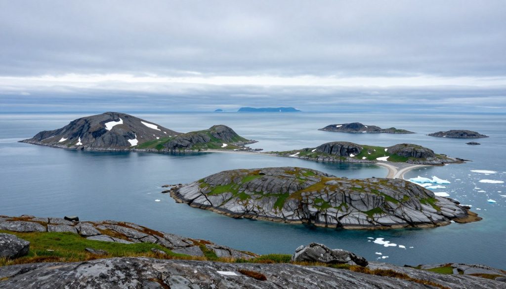A serene and expansive view of the Greenland Sea, surrounded by lush, rugged islands. In the foreground, display a rocky shoreline with patches of green vegetation and ice formations. The middle ground should feature several distinct islands, each with varying textures—snow-capped peaks, jagged cliffs, and sandy beaches. In the background, a vast horizon where the sea meets a cloudy sky, casting soft, diffused light across the water, enhancing the mood of tranquility and solitude. Use a wide-angle lens effect to emphasize the scale and beauty of the islands. The atmosphere is calm and refreshing, evoking the sense of remote wilderness and untouched nature. No people or man-made objects should be included. A serene and expansive view of the Greenland Sea, surrounded by lush, rugged islands. In the foreground, display a rocky shoreline with patches of green vegetation and ice formations. The middle ground should feature several distinct islands, each with varying textures—snow-capped peaks, jagged cliffs, and sandy beaches. In the background, a vast horizon where the sea meets a cloudy sky, casting soft, diffused light across the water, enhancing the mood of tranquility and solitude. Use a wide-angle lens effect to emphasize the scale and beauty of the islands. The atmosphere is calm and refreshing, evoking the sense of remote wilderness and untouched nature. No people or man-made objects should be included.