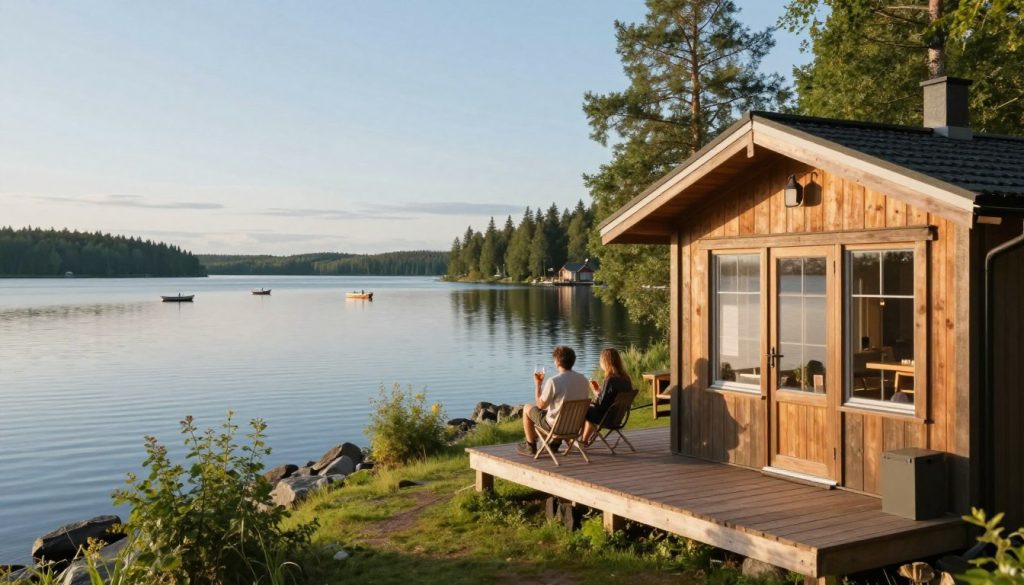 A serene lakeside view of Lake Saimaa in Finland, showcasing charming accommodations. In the foreground, a wooden deck with a cozy cabin featuring large windows, surrounded by lush greenery. A couple in modest casual clothing enjoys the view, sipping drinks. The middle ground highlights a tranquil lake reflecting the blue sky, dotted with small boats. In the background, gentle hills covered in dense forests rise against the horizon, creating a peaceful atmosphere. Soft sunlight bathes the scene, casting warm hues and creating a sense of calm. The lens should capture the setting at a wide angle, emphasizing both the natural beauty of the lake and the inviting accommodations, conveying a harmonious connection to nature. A serene lakeside view of Lake Saimaa in Finland, showcasing charming accommodations. In the foreground, a wooden deck with a cozy cabin featuring large windows, surrounded by lush greenery. A couple in modest casual clothing enjoys the view, sipping drinks. The middle ground highlights a tranquil lake reflecting the blue sky, dotted with small boats. In the background, gentle hills covered in dense forests rise against the horizon, creating a peaceful atmosphere. Soft sunlight bathes the scene, casting warm hues and creating a sense of calm. The lens should capture the setting at a wide angle, emphasizing both the natural beauty of the lake and the inviting accommodations, conveying a harmonious connection to nature.