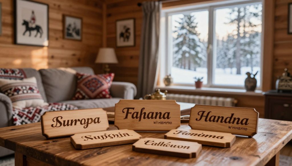 A serene scene showcasing Finnish surnames in a cultural context. In the foreground, a collection of traditional wooden name plaques with Finnish surnames artistically engraved in elegant fonts, resting on a rustic table. The middle ground features a cozy, warmly lit Finnish living room, decorated with cultural artifacts such as handcrafted textiles and local artwork, symbolizing Finnish heritage. In the background, a large window reveals a picturesque snowy forest, with soft sunlight filtering through the trees, casting gentle shadows. The mood is warm and inviting, evoking a sense of cultural pride and history. Use natural light to enhance the cozy atmosphere, with a slight bokeh effect to focus on the name plaques at the forefront. A serene scene showcasing Finnish surnames in a cultural context. In the foreground, a collection of traditional wooden name plaques with Finnish surnames artistically engraved in elegant fonts, resting on a rustic table. The middle ground features a cozy, warmly lit Finnish living room, decorated with cultural artifacts such as handcrafted textiles and local artwork, symbolizing Finnish heritage. In the background, a large window reveals a picturesque snowy forest, with soft sunlight filtering through the trees, casting gentle shadows. The mood is warm and inviting, evoking a sense of cultural pride and history. Use natural light to enhance the cozy atmosphere, with a slight bokeh effect to focus on the name plaques at the forefront.