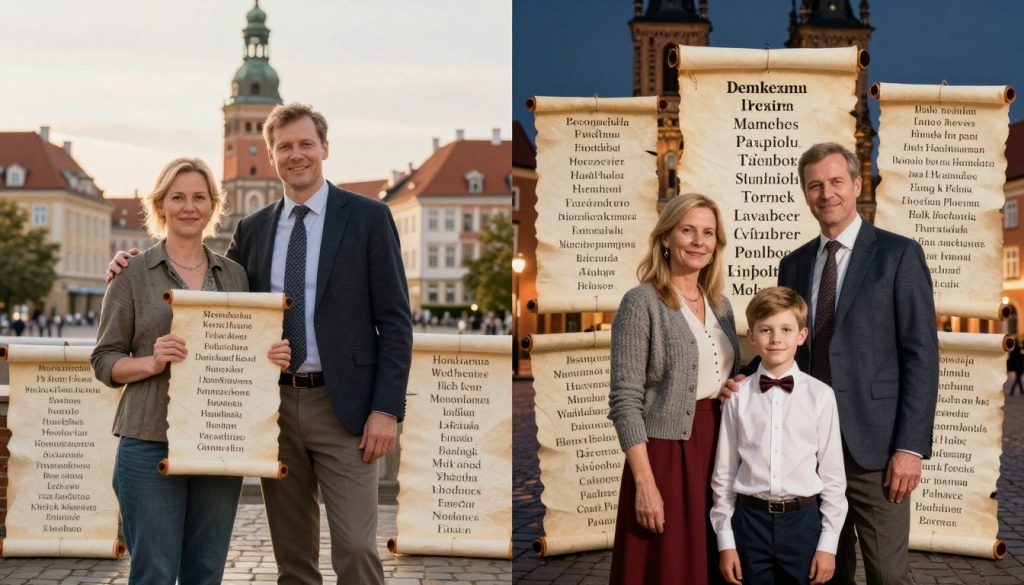 A split-image comparison illustrating the naming systems of Denmark and Poland. On the left, a traditional Danish family scene, featuring a father in professional attire and a mother in modest casual clothing, surrounded by historical Danish names on scrolls or paper. The background showcases iconic Danish architecture under soft morning light, creating a warm and inviting atmosphere. On the right, a Polish family scene, also with a father and mother dressed in professional attire, surrounded by historical Polish names prominently displayed. The background highlights classic Polish architecture with a darker ambiance, hinting at a rich history. The image should be visually balanced, with clear distinctions between the two naming cultures, accentuated by differing color palettes and lighting, conveying a sense of cultural pride and heritage.