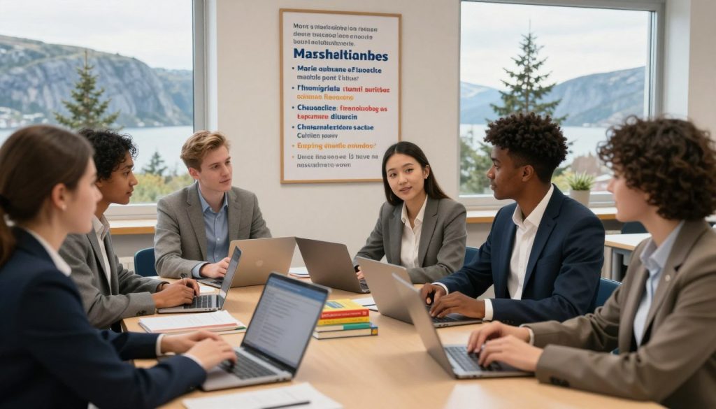 A vibrant classroom scene showcasing the benefits of learning Scandinavian languages. In the foreground, diverse students of various ethnicities, dressed in professional business attire, engage in lively discussions around a table filled with language books and digital devices. In the middle ground, a multilingual poster on the wall highlights key benefits of mastering these languages, such as career opportunities and cultural insights. In the background, a window reveals a picturesque Scandinavian landscape with fjords and pine trees. Soft, warm lighting illuminates the room, creating an inviting and inspiring atmosphere. The angle captures a dynamic view, focusing on interaction among students. The mood is uplifting and motivational, emphasizing the importance of language learning in personal and professional growth.