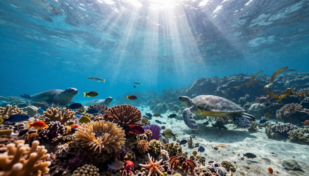 A vibrant underwater scene showcasing the rich ecosystem and marine life of the Greenland Sea. In the foreground, a colorful coral reef teeming with various fish species, including Arctic cod and colorful anemones. Small crabs and starfish dot the sandy seabed. In the middle ground, a few seals gracefully swim amongst schools of herring, while sea turtles glide through the water. Above them, gentle rays of sunlight filter down from the surface, creating a tranquil ambiance and soft lighting effects. The background reveals a rugged underwater landscape with rocky formations and kelp swaying with the currents. The overall mood is serene and enlightening, reflecting the beauty and diversity of marine life in this unique ecosystem. A wide-angle view captures the expansive underwater world without any elements of human presence. A vibrant underwater scene showcasing the rich ecosystem and marine life of the Greenland Sea. In the foreground, a colorful coral reef teeming with various fish species, including Arctic cod and colorful anemones. Small crabs and starfish dot the sandy seabed. In the middle ground, a few seals gracefully swim amongst schools of herring, while sea turtles glide through the water. Above them, gentle rays of sunlight filter down from the surface, creating a tranquil ambiance and soft lighting effects. The background reveals a rugged underwater landscape with rocky formations and kelp swaying with the currents. The overall mood is serene and enlightening, reflecting the beauty and diversity of marine life in this unique ecosystem. A wide-angle view captures the expansive underwater world without any elements of human presence.