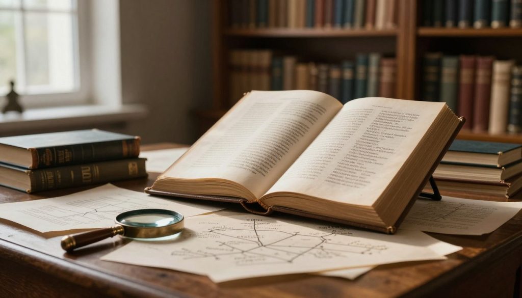 A visually captivating representation of genealogical research focusing on Finnish surnames and their etymological origins. In the foreground, a vintage wooden table scattered with historical documents, family trees, and a magnifying glass. The middle layer features an elegant, open book displaying Finnish names with their meanings, illuminated by warm, ambient lighting that creates an inviting atmosphere. In the background, a serene library filled with shelves of ethereal books, softly blurred to emphasize the foreground elements. Natural light streams through large windows, casting gentle shadows, enriching the scholarly mood with a sense of discovery and heritage. The overall composition should evoke curiosity and respect for the history of names, ensuring no text or human figures are included. A visually captivating representation of genealogical research focusing on Finnish surnames and their etymological origins. In the foreground, a vintage wooden table scattered with historical documents, family trees, and a magnifying glass. The middle layer features an elegant, open book displaying Finnish names with their meanings, illuminated by warm, ambient lighting that creates an inviting atmosphere. In the background, a serene library filled with shelves of ethereal books, softly blurred to emphasize the foreground elements. Natural light streams through large windows, casting gentle shadows, enriching the scholarly mood with a sense of discovery and heritage. The overall composition should evoke curiosity and respect for the history of names, ensuring no text or human figures are included.