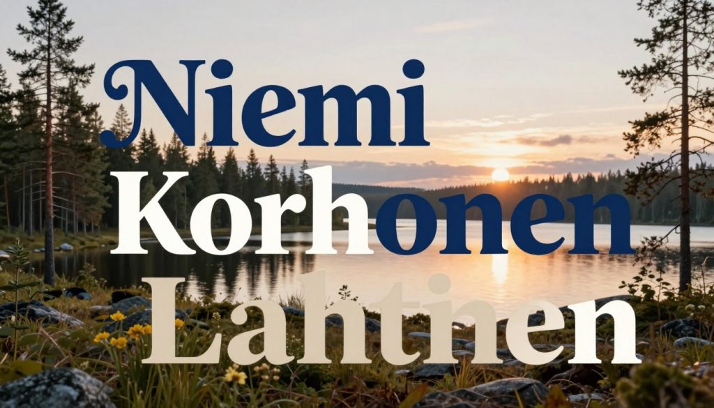 A visually engaging composition showcasing a collection of popular Finnish surnames, displayed in an elegant and artistic manner. In the foreground, large, stylized letters of various Finnish surnames such as "Niemi," "Korhonen," and "Lahtinen" are artistically arranged, reflecting a balance between tradition and modernity. The middle ground features a serene Finnish landscape, with pine forests and a shimmering lake, subtly hinting at the cultural roots of these names. The background captures a soft sunrise, casting a warm light that adds a welcoming atmosphere. The scene is illuminated with soft lighting, and a shallow depth of field suggests an intimate focus on the names while softly blurring the natural elements. The overall mood is tranquil, inviting readers to reflect on the significance of Finnish surnames and heritage. A visually engaging composition showcasing a collection of popular Finnish surnames, displayed in an elegant and artistic manner. In the foreground, large, stylized letters of various Finnish surnames such as "Niemi," "Korhonen," and "Lahtinen" are artistically arranged, reflecting a balance between tradition and modernity. The middle ground features a serene Finnish landscape, with pine forests and a shimmering lake, subtly hinting at the cultural roots of these names. The background captures a soft sunrise, casting a warm light that adds a welcoming atmosphere. The scene is illuminated with soft lighting, and a shallow depth of field suggests an intimate focus on the names while softly blurring the natural elements. The overall mood is tranquil, inviting readers to reflect on the significance of Finnish surnames and heritage.