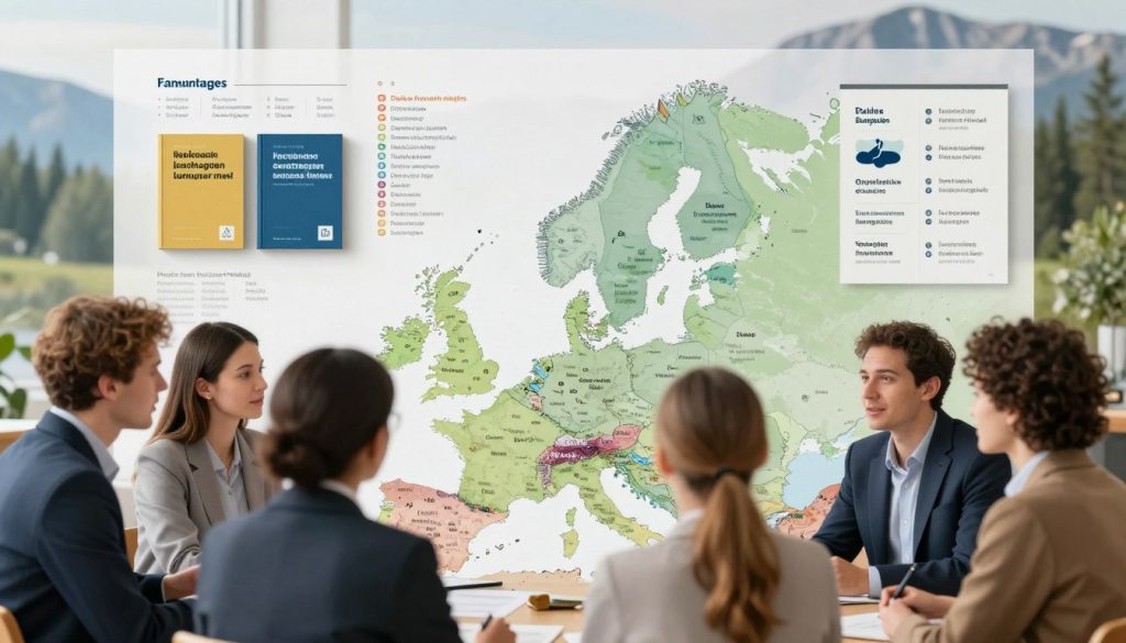 A visually engaging illustration representing the dialects, grammar, and pronunciation of Scandinavian languages. In the foreground, a diverse group of people engaged in discussion, wearing professional attire, examining maps and linguistic charts of Nordic countries. The middle ground showcases books and language materials, highlighting key grammar points and pronunciation features, while also depicting symbols or icons representing different Nordic languages. In the background, a subtle Scandinavian landscape with mountains and forests sets an educational, serene atmosphere. Soft, natural lighting enhances the clarity of the charts and materials, while a slightly blurred depth of field emphasizes the significance of the language discussion. The overall mood should feel collaborative and informative, inviting viewers to explore the nuances of Scandinavian languages.