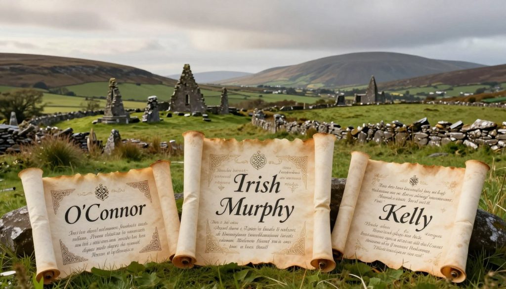 A visually striking representation of the most popular Irish surnames, showcasing a beautifully arranged display of traditional Irish name scrolls, each elegantly written in ornate calligraphy. In the foreground, place detailed name scrolls featuring names like O'Connor, Murphy, and Kelly, surrounded by delicate Celtic motifs and symbols. The middle ground should depict a lush, green Irish landscape, dotted with ancient stone ruins and rolling hills, under a soft, overcast sky that captures the serene atmosphere of Ireland. The background can feature distant mountains silhouetted against the horizon. The lighting should be soft and diffused, enhancing the romantic and historical mood of the scene, evoking a connection to Irish heritage and culture. A visually striking representation of the most popular Irish surnames, showcasing a beautifully arranged display of traditional Irish name scrolls, each elegantly written in ornate calligraphy. In the foreground, place detailed name scrolls featuring names like O'Connor, Murphy, and Kelly, surrounded by delicate Celtic motifs and symbols. The middle ground should depict a lush, green Irish landscape, dotted with ancient stone ruins and rolling hills, under a soft, overcast sky that captures the serene atmosphere of Ireland. The background can feature distant mountains silhouetted against the horizon. The lighting should be soft and diffused, enhancing the romantic and historical mood of the scene, evoking a connection to Irish heritage and culture.
