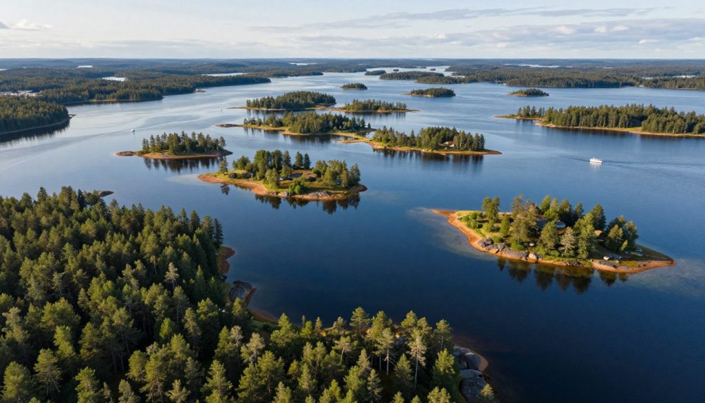 Aerial view of Lake Saimaa, Finland's largest lake, showcasing its intricate network of islands and inlets. In the foreground, dense, lush green forests border the crystal-clear waters, with hints of rocky shorelines peeking through. The middle ground features the lake's deep blue waters reflecting the sky, dotted with small boats navigating the serene landscape. In the background, rolling hills rise gently, creating a harmonious blend of nature. Soft, diffused sunlight illuminates the scene, casting gentle shadows that enhance the shapes of the islands. The atmosphere is tranquil, evoking a sense of wonder about the geographic marvels of Lake Saimaa. The angle captures a wide, panoramic view, accentuating the vastness of this stunning natural landmark. Aerial view of Lake Saimaa, Finland's largest lake, showcasing its intricate network of islands and inlets. In the foreground, dense, lush green forests border the crystal-clear waters, with hints of rocky shorelines peeking through. The middle ground features the lake's deep blue waters reflecting the sky, dotted with small boats navigating the serene landscape. In the background, rolling hills rise gently, creating a harmonious blend of nature. Soft, diffused sunlight illuminates the scene, casting gentle shadows that enhance the shapes of the islands. The atmosphere is tranquil, evoking a sense of wonder about the geographic marvels of Lake Saimaa. The angle captures a wide, panoramic view, accentuating the vastness of this stunning natural landmark.
