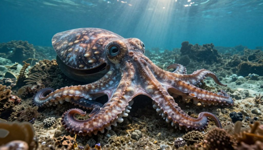 An intricate depiction of ancient giant cephalopod fossils, prominently displayed in the foreground with detailed textures showcasing their unique shapes and patterns. The middle ground features a rocky, oceanic environment, with soft, natural lighting illuminating the fossils to highlight their intricate details. In the background, a serene underwater landscape hints at a vibrant marine ecosystem, with gentle waves filtering sunlight to create an ethereal atmosphere. The overall mood is one of awe and mystery, evoking a sense of deep-sea intrigue and ancient history. The angle is slightly tilted downward, offering a perspective that emphasizes the grandeur and scale of the fossils against the backdrop of the ocean. An intricate depiction of ancient giant cephalopod fossils, prominently displayed in the foreground with detailed textures showcasing their unique shapes and patterns. The middle ground features a rocky, oceanic environment, with soft, natural lighting illuminating the fossils to highlight their intricate details. In the background, a serene underwater landscape hints at a vibrant marine ecosystem, with gentle waves filtering sunlight to create an ethereal atmosphere. The overall mood is one of awe and mystery, evoking a sense of deep-sea intrigue and ancient history. The angle is slightly tilted downward, offering a perspective that emphasizes the grandeur and scale of the fossils against the backdrop of the ocean.