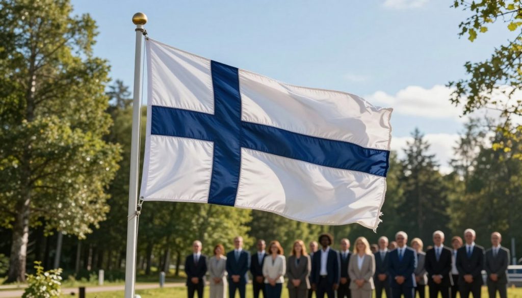 A Nordic cross flag prominently displayed in the foreground, symbolizing the essence of Scandinavian patriotism. The flag billows gently in the wind against a serene backdrop of lush green forests and a clear blue sky, representing the natural beauty of the Nordic countries. In the middle ground, silhouettes of diverse individuals dressed in professional business attire stand united, embodying national pride and identity. Soft sunlight filters through the trees, casting warm, inviting tones across the scene, creating a harmonious atmosphere. The image captures a sense of community and national spirit, celebrating the significance of the Nordic cross in shaping cultural identity. The composition should be framed from a slightly low angle to emphasize the flag's prominence and the unity of the people. A Nordic cross flag prominently displayed in the foreground, symbolizing the essence of Scandinavian patriotism. The flag billows gently in the wind against a serene backdrop of lush green forests and a clear blue sky, representing the natural beauty of the Nordic countries. In the middle ground, silhouettes of diverse individuals dressed in professional business attire stand united, embodying national pride and identity. Soft sunlight filters through the trees, casting warm, inviting tones across the scene, creating a harmonious atmosphere. The image captures a sense of community and national spirit, celebrating the significance of the Nordic cross in shaping cultural identity. The composition should be framed from a slightly low angle to emphasize the flag's prominence and the unity of the people.