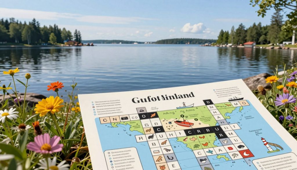 A beautiful and serene view of the Gulf of Finland, showcasing vibrant flora and fauna typical of the region. In the foreground, a detailed illustration of a crossword puzzle inspired by interesting facts related to the Gulf of Finland&rsquo;s culture and geography, with intricately designed clues and items like ships, lighthouses, and local wildlife. The middle ground features the tranquil waters of the gulf, captured in soft, natural lighting, reflecting the clear blue sky and distant islands. In the background, a faint outline of a coastal city can be seen, surrounded by lush green forests. The atmosphere is calm and inviting, evoking a sense of curiosity and exploration about this picturesque region and its intriguing aspects.