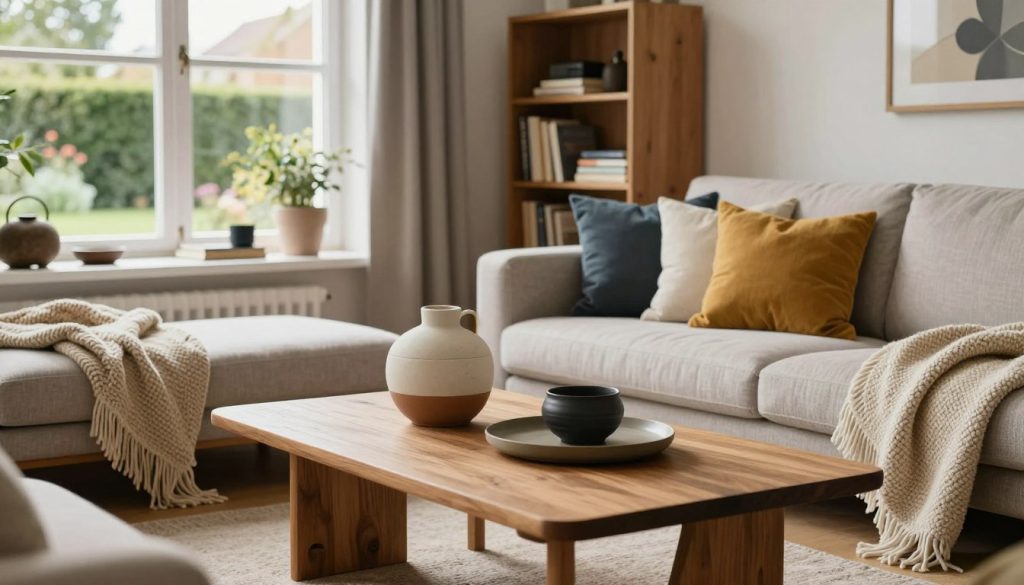 A beautifully arranged Danish home interior showcasing elegant design and accessories. In the foreground, a stylish wooden coffee table displays artisanal pottery and minimalist decor items, surrounded by cozy textiles like woven cushions and a soft throw blanket. The middle ground features a chic Scandinavian sofa adorned with vibrant cushions, and a sleek bookshelf holding an eclectic mix of books and travel souvenirs from Denmark. In the background, a large window invites natural light, illuminating a view of a serene backyard garden. The atmosphere is warm and inviting, evoking a sense of comfort and creativity. The image should be captured with a soft focus lens, emphasizing the textures and colors of the accessories while maintaining a harmonious and soothing ambiance.