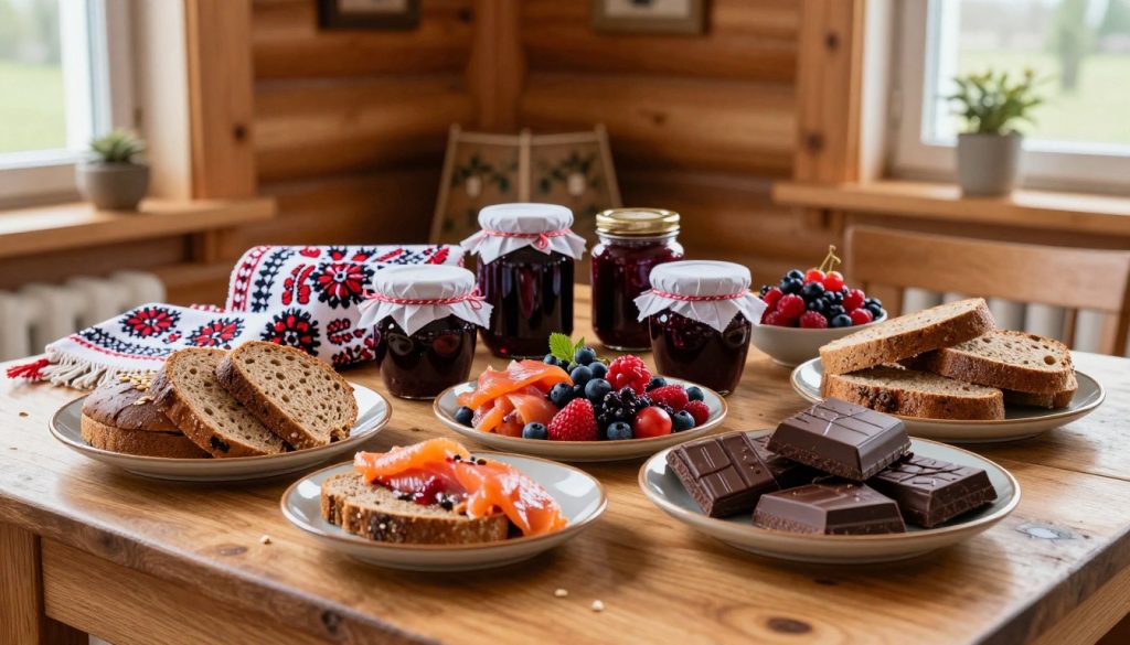 A beautifully arranged display of Finnish delicacies on an elegant wooden table. In the foreground, an assortment of traditional Finnish snacks, including rye bread, salmon, and dark chocolate, presented on ceramic plates. In the middle, jars of vibrant cloudberry jam and fresh berries are surrounded by decorative Finnish textiles. The background showcases a cozy, rustic Finnish interior with warm wooden beams and soft, natural light filtering through a window. The atmosphere is inviting and warm, evoking a sense of home and heritage, with subtle highlights reflecting off the food, emphasizing the rich textures and colors. The composition captures the essence of unique Finnish flavors in a harmonious setting.