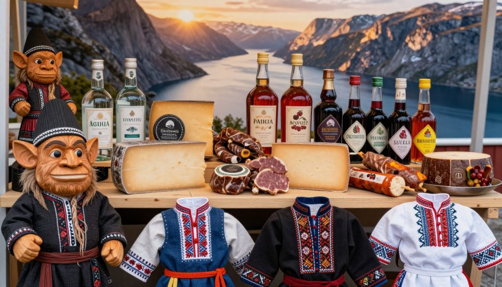 A beautifully arranged display of Norwegian-inspired souvenirs highlighting the rich culture and folklore of Norway. In the foreground, intricately carved wooden trolls and traditional bunad garments, showcasing vibrant colors and detailed embroidery. The middle layer features artisanal cheese and cured meats, alongside vibrant bottles of traditional aquavit and berry-based liqueurs, hinting at Norway's culinary heritage. In the background, soft-focus images of the stunning fjords and mountains, bathed in warm, golden sunlight, evoke a serene and nostalgic atmosphere. The scene should be well-lit to emphasize the textures and colors of the souvenirs, captured with a slight overhead angle to create depth. The overall mood reflects a sense of admiration for Norway's cultural treasures, inviting the viewer to explore its folklore. A beautifully arranged display of Norwegian-inspired souvenirs highlighting the rich culture and folklore of Norway. In the foreground, intricately carved wooden trolls and traditional bunad garments, showcasing vibrant colors and detailed embroidery. The middle layer features artisanal cheese and cured meats, alongside vibrant bottles of traditional aquavit and berry-based liqueurs, hinting at Norway's culinary heritage. In the background, soft-focus images of the stunning fjords and mountains, bathed in warm, golden sunlight, evoke a serene and nostalgic atmosphere. The scene should be well-lit to emphasize the textures and colors of the souvenirs, captured with a slight overhead angle to create depth. The overall mood reflects a sense of admiration for Norway's cultural treasures, inviting the viewer to explore its folklore.