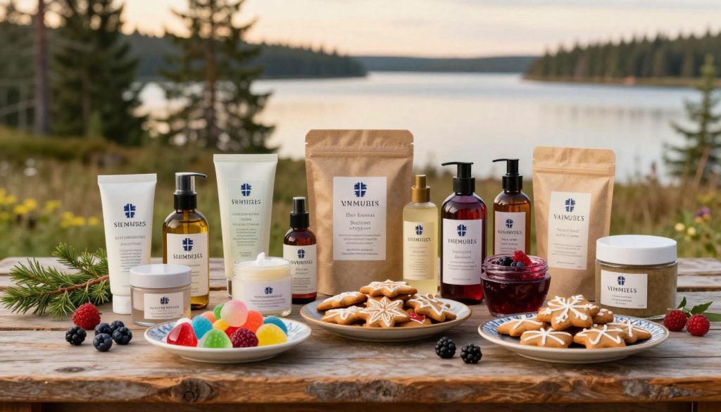 A beautifully arranged display of Swedish cosmetics and delicacies, set on a rustic wooden table. In the foreground, showcase an array of natural skincare products, such as creams and oils, elegantly packaged in eco-friendly containers. Beside them, vibrant Swedish candies and traditional snacks, like gingerbread cookies and cloudberry jam, attractively presented on decorative plates. In the middle ground, include a soft focus of fresh ingredients, such as berries and herbs, symbolizing the natural origins of the products. In the background, a blurred Swedish landscape, capturing elements like pine trees and a serene lake under a soft golden light, creating a warm and inviting atmosphere. The scene should evoke a sense of nostalgia and discovery, inviting viewers to explore the charm of Swedish gifts. A beautifully arranged display of Swedish cosmetics and delicacies, set on a rustic wooden table. In the foreground, showcase an array of natural skincare products, such as creams and oils, elegantly packaged in eco-friendly containers. Beside them, vibrant Swedish candies and traditional snacks, like gingerbread cookies and cloudberry jam, attractively presented on decorative plates. In the middle ground, include a soft focus of fresh ingredients, such as berries and herbs, symbolizing the natural origins of the products. In the background, a blurred Swedish landscape, capturing elements like pine trees and a serene lake under a soft golden light, creating a warm and inviting atmosphere. The scene should evoke a sense of nostalgia and discovery, inviting viewers to explore the charm of Swedish gifts.