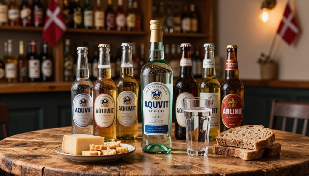 A beautifully arranged display of traditional Danish alcoholic beverages, highlighting a bottle of aquavit with its distinct greenish hue, surrounded by various local beers in elegant glass bottles. In the foreground, a wooden table with rustic, textured surfaces complements the setup, adorned with a small plate of Danish snacks such as cheese and rye bread. The middle ground features a cozy bar setting with dim, warm lighting that creates an inviting atmosphere. Soft reflections on the glasses hint at the drinks' crispness. In the background, shelves showcase more local spirits and a few decorative elements related to Danish culture, like a small flag. The overall mood is warm, inviting, and distinctly cultural, capturing the essence of Denmark's local drinks scene.
