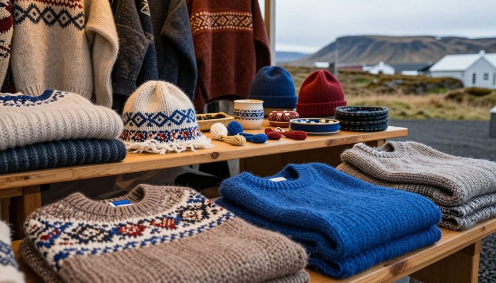 A beautifully arranged display of traditional Icelandic wool products, including knitted sweaters, scarves, and hats, in a cozy, warmly lit setting. The foreground features a close-up of intricate patterns and textures of the wool, showcasing rich earthy tones and vibrant blues. In the middle, a wooden table adorned with hand-crafted accessories and artisanal items reflects the craftsmanship and cultural significance of these souvenirs. The background reveals a soft-focus view of an Icelandic landscape, with rolling hills and distant mountains under a serene sky, evoking a sense of tranquility and connection to nature. The lighting is soft and inviting, enhancing the warmth and charm of the woolen goods, creating a nostalgic and appealing atmosphere. A beautifully arranged display of traditional Icelandic wool products, including knitted sweaters, scarves, and hats, in a cozy, warmly lit setting. The foreground features a close-up of intricate patterns and textures of the wool, showcasing rich earthy tones and vibrant blues. In the middle, a wooden table adorned with hand-crafted accessories and artisanal items reflects the craftsmanship and cultural significance of these souvenirs. The background reveals a soft-focus view of an Icelandic landscape, with rolling hills and distant mountains under a serene sky, evoking a sense of tranquility and connection to nature. The lighting is soft and inviting, enhancing the warmth and charm of the woolen goods, creating a nostalgic and appealing atmosphere.