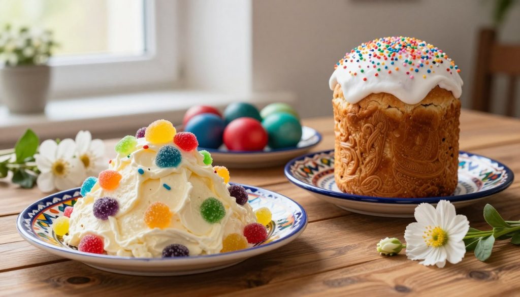 A beautifully arranged display of traditional Russian Easter dishes, set on a rustic wooden table. In the foreground, vibrant Paskha, a creamy cheese dessert shaped in a pyramid, is garnished with colorful candied fruits. Nearby, there’s a loaf of Kulich, a tall, sweet bread, adorned with white icing and pastel sprinkles. In the middle ground, an ornate, hand-painted ceramic plate holds dyed eggs in various shades of red, blue, and green, symbolizing rebirth. Fresh seasonal flowers are delicately placed around the dishes, adding a cheerful touch. Soft, warm natural light filters through a window, creating a cozy, inviting atmosphere, with a slight bokeh effect in the background to accentuate the focus on the food. The scene captures the essence of Russian Easter traditions, evoking warmth and celebration. A beautifully arranged display of traditional Russian Easter dishes, set on a rustic wooden table. In the foreground, vibrant Paskha, a creamy cheese dessert shaped in a pyramid, is garnished with colorful candied fruits. Nearby, there’s a loaf of Kulich, a tall, sweet bread, adorned with white icing and pastel sprinkles. In the middle ground, an ornate, hand-painted ceramic plate holds dyed eggs in various shades of red, blue, and green, symbolizing rebirth. Fresh seasonal flowers are delicately placed around the dishes, adding a cheerful touch. Soft, warm natural light filters through a window, creating a cozy, inviting atmosphere, with a slight bokeh effect in the background to accentuate the focus on the food. The scene captures the essence of Russian Easter traditions, evoking warmth and celebration.