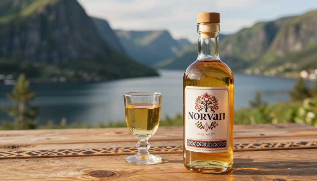 A beautifully arranged glass bottle of Norwegian akavit, showcasing its distinct herbal aroma and rich golden color. The foreground features the bottle, elegantly labeled, resting on a rustic wooden table with traditional Norwegian motifs. In the middle ground, a traditional Norwegian drinking glass filled with akavit sits beside the bottle, reflecting the light. The background captures a scenic view of Norway’s lush green hills and fjords, bathed in warm golden sunlight, creating an inviting and serene atmosphere. Soft natural lighting highlights the contours of the glass and the intricate details of the label. The overall mood is warm and inviting, perfect for showcasing authentic Norwegian culture. A beautifully arranged glass bottle of Norwegian akavit, showcasing its distinct herbal aroma and rich golden color. The foreground features the bottle, elegantly labeled, resting on a rustic wooden table with traditional Norwegian motifs. In the middle ground, a traditional Norwegian drinking glass filled with akavit sits beside the bottle, reflecting the light. The background captures a scenic view of Norway’s lush green hills and fjords, bathed in warm golden sunlight, creating an inviting and serene atmosphere. Soft natural lighting highlights the contours of the glass and the intricate details of the label. The overall mood is warm and inviting, perfect for showcasing authentic Norwegian culture.
