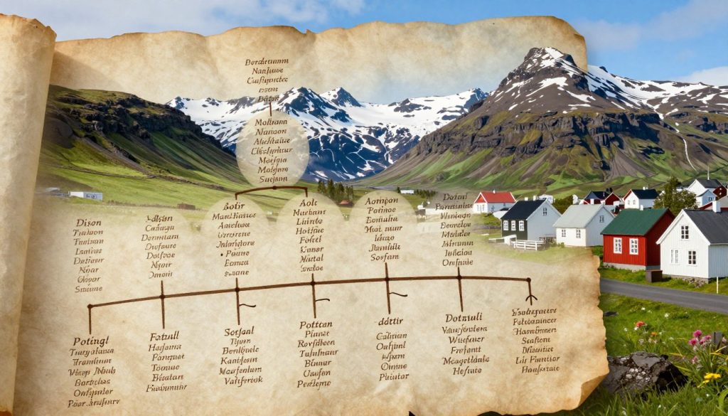 A beautifully arranged visual representation of the Icelandic patronymic system. In the foreground, depict a family tree diagram intricately interwoven with names ending in -son and -dóttir, elegantly scripted on aged parchment. In the middle ground, illustrate a serene Icelandic landscape featuring snow-capped mountains and lush green valleys, symbolizing heritage and tradition. The background should include a quaint Icelandic town, with charming wooden houses and a clear blue sky, reflecting the atmosphere of a tight-knit community. Utilize soft, natural lighting to create a warm and inviting mood, with a focus on the family connection inherent in the patronymic naming convention. The angle should be slightly elevated to showcase both the names and the landscape. A beautifully arranged visual representation of the Icelandic patronymic system. In the foreground, depict a family tree diagram intricately interwoven with names ending in -son and -dóttir, elegantly scripted on aged parchment. In the middle ground, illustrate a serene Icelandic landscape featuring snow-capped mountains and lush green valleys, symbolizing heritage and tradition. The background should include a quaint Icelandic town, with charming wooden houses and a clear blue sky, reflecting the atmosphere of a tight-knit community. Utilize soft, natural lighting to create a warm and inviting mood, with a focus on the family connection inherent in the patronymic naming convention. The angle should be slightly elevated to showcase both the names and the landscape.