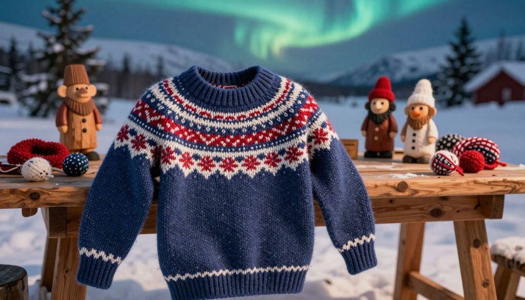 A beautifully crafted Norwegian wool sweater, showcasing intricate traditional patterns in shades of blue, white, and red. The sweater is prominently displayed in the foreground, with cozy, textured yarn visibly woven in a classic Nordic design. In the middle ground, a rustic wooden table sets the scene, adorned with traditional Norwegian crafts like hand-carved wooden trolls and delicate woolen accessories. The background features a soft, blurred image of a snowy Norwegian landscape, complete with gentle pine trees and a faint hint of the northern lights illuminating the night sky. The warm, ambient lighting bathes the scene, creating an inviting and nostalgic atmosphere that reflects the rich tradition of Norwegian craftsmanship. A beautifully crafted Norwegian wool sweater, showcasing intricate traditional patterns in shades of blue, white, and red. The sweater is prominently displayed in the foreground, with cozy, textured yarn visibly woven in a classic Nordic design. In the middle ground, a rustic wooden table sets the scene, adorned with traditional Norwegian crafts like hand-carved wooden trolls and delicate woolen accessories. The background features a soft, blurred image of a snowy Norwegian landscape, complete with gentle pine trees and a faint hint of the northern lights illuminating the night sky. The warm, ambient lighting bathes the scene, creating an inviting and nostalgic atmosphere that reflects the rich tradition of Norwegian craftsmanship.