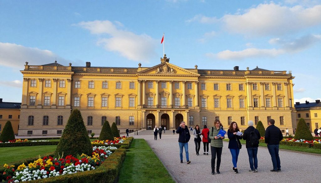 A beautifully detailed scene of the Royal Palace in Stockholm, showcasing the impressive façade of the baroque architecture. In the foreground, a well-groomed garden with vibrant flowers and neatly trimmed hedges leads toward the grand entrance. A group of tourists in smart casual attire, appearing excited and engaged, is in the middle view, taking photos and reading brochures. The background features a clear blue sky with soft clouds, enhancing the palace's stunning golden-yellow stone facade bathed in warm sunlight. The scene captures a lively yet serene atmosphere, embodying anticipation and wonder as visitors prepare for their exploration. The image should be framed with an eye-level perspective, emphasizing the grandeur of the palace while creating an inviting ambiance for potential visitors. A beautifully detailed scene of the Royal Palace in Stockholm, showcasing the impressive façade of the baroque architecture. In the foreground, a well-groomed garden with vibrant flowers and neatly trimmed hedges leads toward the grand entrance. A group of tourists in smart casual attire, appearing excited and engaged, is in the middle view, taking photos and reading brochures. The background features a clear blue sky with soft clouds, enhancing the palace's stunning golden-yellow stone facade bathed in warm sunlight. The scene captures a lively yet serene atmosphere, embodying anticipation and wonder as visitors prepare for their exploration. The image should be framed with an eye-level perspective, emphasizing the grandeur of the palace while creating an inviting ambiance for potential visitors.