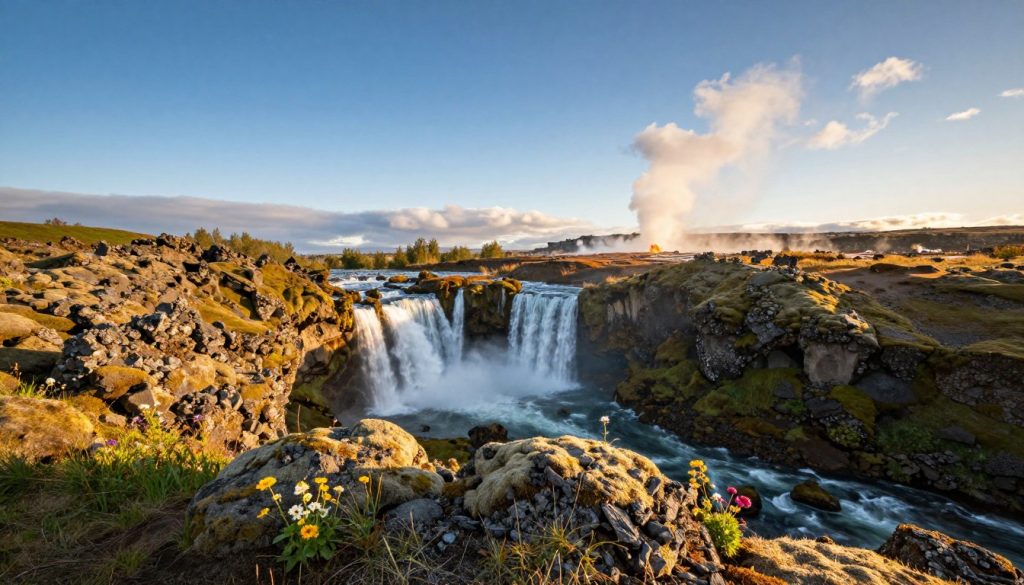 A breathtaking geological landscape of Iceland's Golden Circle featuring diverse natural wonders. In the foreground, a rugged terrain with moss-covered lava rocks and patches of vibrant wildflowers. The middle ground showcases the iconic Þingvellir National Park with its dramatic rift valley, showcasing the tectonic plates visibly separating. Majestic waterfalls cascade in the sun, adding a sense of movement and serenity. The background reveals the distant glow of geysers erupting under a clear blue sky, with soft, fluffy clouds. The lighting is warm and golden, suggesting early morning or late afternoon, enhancing the vivid colors of the landscape. Capture the mood of awe and tranquility, representing the raw beauty and geological diversity of this incredible area. A breathtaking geological landscape of Iceland's Golden Circle featuring diverse natural wonders. In the foreground, a rugged terrain with moss-covered lava rocks and patches of vibrant wildflowers. The middle ground showcases the iconic Þingvellir National Park with its dramatic rift valley, showcasing the tectonic plates visibly separating. Majestic waterfalls cascade in the sun, adding a sense of movement and serenity. The background reveals the distant glow of geysers erupting under a clear blue sky, with soft, fluffy clouds. The lighting is warm and golden, suggesting early morning or late afternoon, enhancing the vivid colors of the landscape. Capture the mood of awe and tranquility, representing the raw beauty and geological diversity of this incredible area.