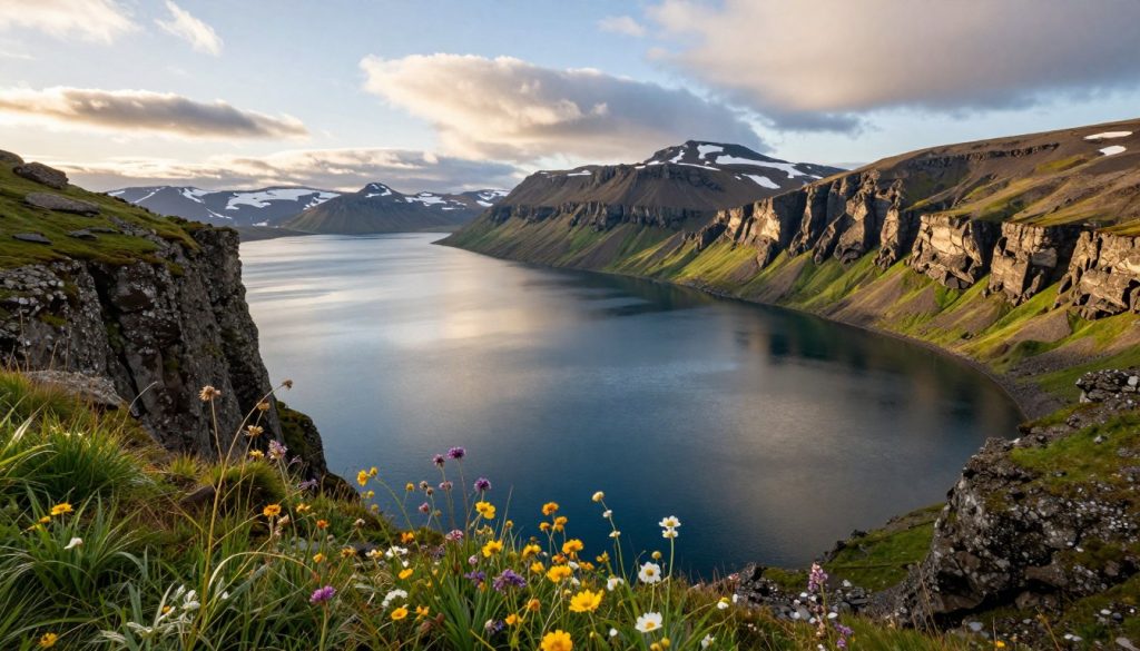 A breathtaking panorama of S&oslash;rv&aacute;gsvatn lake viewed from a dramatic cliff edge. In the foreground, wildflowers in vibrant hues sway gently in the breeze, adding a touch of life to the rugged landscape. The middle ground features the deep blue waters of the lake, mirroring the sky, surrounded by steep, rocky slopes covered in verdant moss and grass. The background showcases towering cliffs leading to distant snow-capped mountains under a bright sky, with fluffy clouds moving lazily above. The scene is bathed in soft, golden sunlight, creating a warm and inviting atmosphere. Capture this stunning vista with a wide-angle lens, emphasizing the depth and scale of this remarkable location.