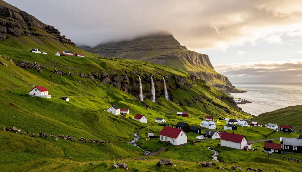 A breathtaking view of G&aacute;sadalur, a picturesque village nestled in the Faroe Islands. In the foreground, lush green hills rise dramatically, dotted with colorful traditional Scandinavian houses, their red roofs contrasted against vibrant greenery. The middle ground features cascading waterfalls flowing down the cliffs, with crystal-clear streams meandering through the landscape. In the background, towering rugged mountains meet the sky, shrouded in soft clouds, and the vast ocean stretches to the horizon. The scene is illuminated by warm, golden sunlight filtering through the clouds, creating a serene and tranquil atmosphere. The image captures the untouched beauty of nature and the charm of this unique village, evoking a sense of adventure and exploration. Use a wide-angle lens to enhance the dramatic landscape, with a focus on depth and detail.