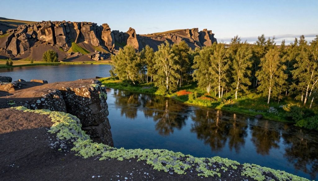 A breathtaking view of Thingvellir National Park, showcasing the dramatic rift valley where the North American and Eurasian tectonic plates meet. In the foreground, smooth, dark rocks bordered by vibrant green lichen contrast sharply with the clear, tranquil lake that reflects the sky. The middle ground features a dense cluster of birch trees, their leaves rustling gently in a soft breeze, while occasional wildflowers add splashes of color. In the background, rugged cliffs rise majestically, enhancing the park's awe-inspiring landscape. The scene is illuminated by warm, golden sunlight casting long shadows, emphasizing the textures of the terrain. The atmosphere exudes tranquility and wonder, inviting viewers to explore the natural beauty of this UNESCO World Heritage site. Shot with a wide-angle lens to encompass the vastness of the landscape. A breathtaking view of Thingvellir National Park, showcasing the dramatic rift valley where the North American and Eurasian tectonic plates meet. In the foreground, smooth, dark rocks bordered by vibrant green lichen contrast sharply with the clear, tranquil lake that reflects the sky. The middle ground features a dense cluster of birch trees, their leaves rustling gently in a soft breeze, while occasional wildflowers add splashes of color. In the background, rugged cliffs rise majestically, enhancing the park's awe-inspiring landscape. The scene is illuminated by warm, golden sunlight casting long shadows, emphasizing the textures of the terrain. The atmosphere exudes tranquility and wonder, inviting viewers to explore the natural beauty of this UNESCO World Heritage site. Shot with a wide-angle lens to encompass the vastness of the landscape.