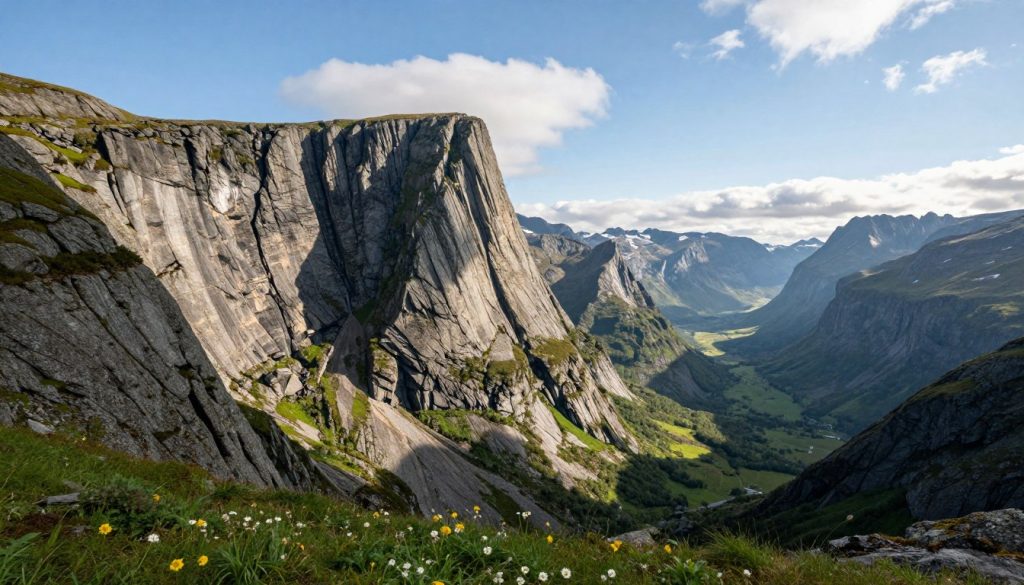 A breathtaking view of Trollveggen, Norway&rsquo;s iconic mountain wall, showcasing its dramatic vertical cliffs and jagged rock formations. In the foreground, a lush green valley dotted with small wildflowers draws the viewer's eye, while the middle ground features the towering, steep slopes of the Troll Wall, reaching up to the clear blue sky. Sunlight filters through the clouds, casting dynamic shadows that enhance the texture of the stone. In the background, distant mountains fade into a soft haze, creating a sense of depth and scale. The atmosphere is serene yet majestic, inviting viewers to reflect on the geological history and natural beauty of this renowned landmark. The image is captured using a wide-angle lens at a slight upward angle to emphasize the height of the cliffs.