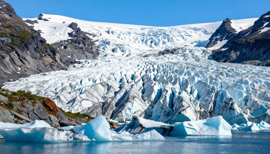 A breathtaking view of the Jostedalsbreen glacier's arms, featuring the distinct tongues of Briksdalsbreen and Nigardsbreen. In the foreground, shimmering icebergs contrast against deep blue glacial meltwater, with rugged rock formations and patches of green alpine vegetation peeking through. The middle ground showcases the majestic glacier with its intricate ice patterns and crevasses, reflecting a brilliant sunlight that casts soft shadows on the textured surface. The background reveals towering, snow-capped mountains under a clear azure sky, enhancing the grandeur of the scene. Use a wide-angle lens to capture the vastness of this natural wonder, evoking awe and tranquility. The atmosphere should feel crisp and invigorating, embodying the pristine beauty of Norway's largest glacier.