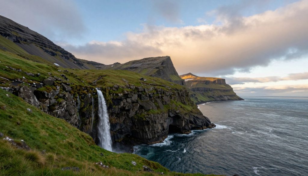 A breathtaking view of the iconic cliffs of the Faroe Islands, known as "klify Wysp Owczych," rising dramatically from the Atlantic Ocean. In the foreground, lush green grass blankets the rocky terrain, contrasting against the towering, jagged cliffs. Midway, a cascading waterfall tumbles down the rocks, adding to the natural beauty. In the background, rugged mountains loom under a vivid sky filled with rolling clouds, illuminated by the soft, warm light of the late afternoon sun. The atmosphere is serene, evoking a sense of quiet wonder. The image should be captured from a slightly elevated angle, showcasing both the cliffs and the expansive ocean below, emphasizing the majestic scale of this stunning landscape.