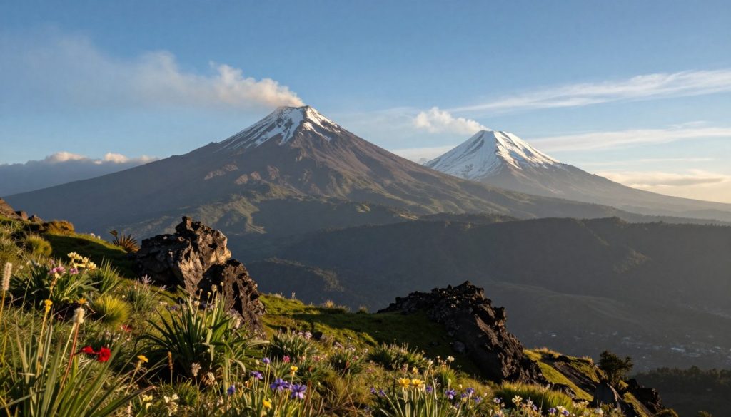 A breathtaking view showcasing the majestic peaks of Popocatépetl and Cotopaxi, two prominent volcanoes of the Americas. In the foreground, vibrant wildflowers bloom on the lush green slopes, while small, rocky outcrops create a rugged landscape. The middle ground features the stunning silhouette of Popocatépetl, with its snow-capped summit emitting a gentle plume of smoke, and Cotopaxi rising grandly nearby, adorned with glaciers glistening under the sunlight. In the background, a clear blue sky stretches overhead, with a few wispy clouds enhancing the scene. The atmosphere is tranquil yet powerful, evoking a sense of natural wonder. The image is captured using a wide-angle lens to emphasize the grandeur and scale of the volcanoes, illuminated by soft, warm lighting to create an inviting mood. A breathtaking view showcasing the majestic peaks of Popocatépetl and Cotopaxi, two prominent volcanoes of the Americas. In the foreground, vibrant wildflowers bloom on the lush green slopes, while small, rocky outcrops create a rugged landscape. The middle ground features the stunning silhouette of Popocatépetl, with its snow-capped summit emitting a gentle plume of smoke, and Cotopaxi rising grandly nearby, adorned with glaciers glistening under the sunlight. In the background, a clear blue sky stretches overhead, with a few wispy clouds enhancing the scene. The atmosphere is tranquil yet powerful, evoking a sense of natural wonder. The image is captured using a wide-angle lens to emphasize the grandeur and scale of the volcanoes, illuminated by soft, warm lighting to create an inviting mood.