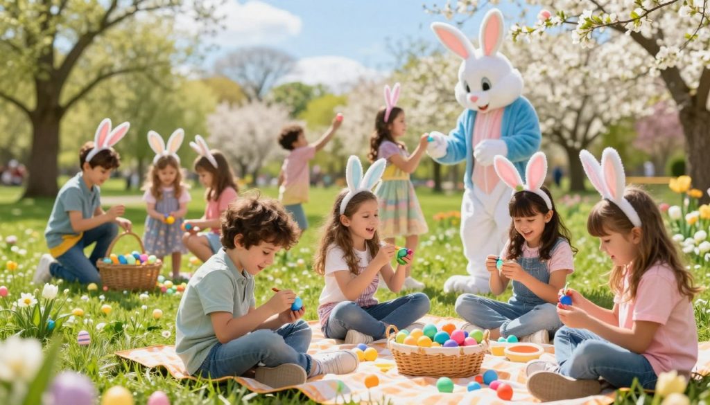 A cheerful and vibrant Easter scene filled with children aged 5-10, joyfully engaging in various Easter-themed activities. In the foreground, a small group of children is painting colorful Easter eggs on a picnic blanket, their expressions full of excitement and creativity. The middle ground captures a playful Easter egg hunt, where children search for hidden eggs among blooming flowers and green grass, while a friendly bunny mascot cheerfully interacts with them. In the background, a sunny park setting with blooming trees and bright blue skies creates a warm, festive atmosphere. The lighting is soft and natural, enhancing the joyful mood, with a shallow depth of field emphasizing the children while gently blurring the background for a more immersive experience. A cheerful and vibrant Easter scene filled with children aged 5-10, joyfully engaging in various Easter-themed activities. In the foreground, a small group of children is painting colorful Easter eggs on a picnic blanket, their expressions full of excitement and creativity. The middle ground captures a playful Easter egg hunt, where children search for hidden eggs among blooming flowers and green grass, while a friendly bunny mascot cheerfully interacts with them. In the background, a sunny park setting with blooming trees and bright blue skies creates a warm, festive atmosphere. The lighting is soft and natural, enhancing the joyful mood, with a shallow depth of field emphasizing the children while gently blurring the background for a more immersive experience.