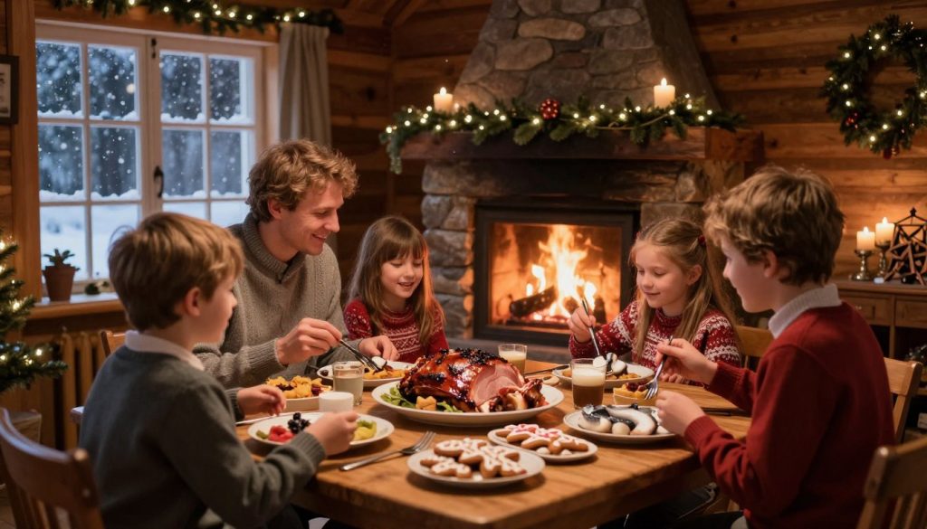 A cozy Norwegian Christmas Eve scene, showcasing traditional customs and rituals. In the foreground, a family dressed in modest casual clothing gathers around a beautifully decorated wooden table, featuring traditional Norwegian dishes like ribbe (roast pork), lutefisk, and gingerbread cookies. In the middle, a warm fire crackles in a stone fireplace, casting a soft, flickering light on the family's joyful expressions. Snow gently falls outside the window, enhancing the winter ambiance. The background reveals a charming rustic cabin adorned with festive decorations, including pine branches and candles. The atmosphere is warm and inviting, filled with a sense of togetherness and celebration. The colors are rich and warm, with a soft focus effect to create a dreamy, nostalgic feel.