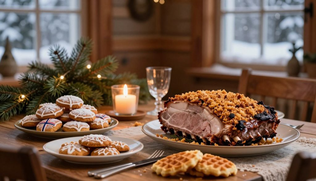 A cozy Norwegian Christmas dining scene featuring traditional holiday dishes. In the foreground, a beautifully arranged table displaying succulent ribbe (roast pork belly) with crispy crackling, alongside a festive assortment of sweet pastries like pepperkake (gingerbread cookies) and krumkake (thin, crisp waffles). In the middle, a warm, inviting glow from candlelight reflects on a backdrop of evergreen branches and rustic wooden decor, enhancing the festive atmosphere. Soft, warm lighting creates a sense of comfort and joy, while a slightly blurred background of a snow-dusted window subtly hints at a winter wonderland outside. The angle captures the richness of the food, inviting viewers to appreciate the holiday spirit and culinary traditions of Norway.