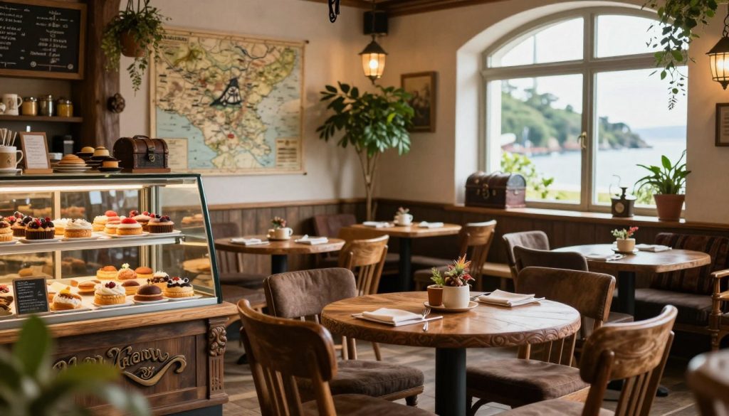 A cozy and inviting interior of a caf&eacute; themed after a treasure island, inspired by Gotland's rich history. In the foreground, intricately carved wooden tables are surrounded by comfortable chairs, with warm lighting creating a relaxed atmosphere. A display of colorful pastries and coffee options showcases the caf&eacute;'s offerings. In the middle ground, potted plants and decor reminiscent of pirate lore, such as maps and treasure chests, enhance the theme. The background features large windows allowing natural light to flood in, revealing a glimpse of the lush island scenery outside. The mood is warm and inviting, perfect for relaxation and exploration. Shot with a soft focus lens to emphasize a dreamy ambiance, capturing the essence of hidden treasures in every corner.