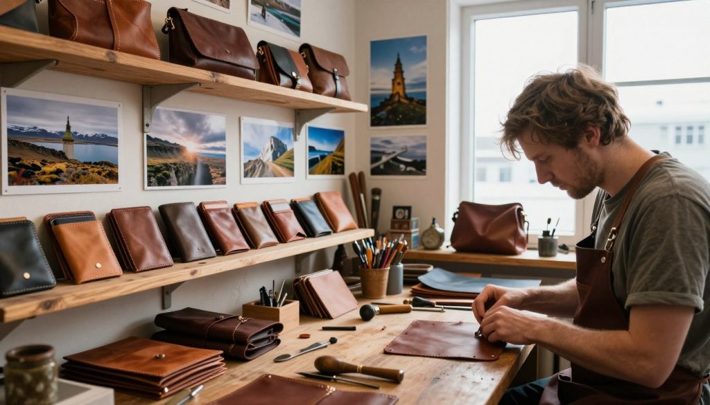 A cozy artisan workshop filled with unique handcrafted items from Iceland, showcasing fish leather goods like wallets and bags displayed on rustic wooden shelves. In the foreground, a skilled artisan in a modest, casual outfit is carefully working on a piece of fish leather, their workstation scattered with tools and materials. In the middle ground, vibrant Icelandic photographs of dramatic landscapes adorn the walls, enhancing the creativity and inspiration of the space. The background features large windows letting in soft, natural light, casting warm shadows that add depth to the scene. The mood is inviting and artistic, reflecting the rich culture and craftsmanship of Iceland. A cozy artisan workshop filled with unique handcrafted items from Iceland, showcasing fish leather goods like wallets and bags displayed on rustic wooden shelves. In the foreground, a skilled artisan in a modest, casual outfit is carefully working on a piece of fish leather, their workstation scattered with tools and materials. In the middle ground, vibrant Icelandic photographs of dramatic landscapes adorn the walls, enhancing the creativity and inspiration of the space. The background features large windows letting in soft, natural light, casting warm shadows that add depth to the scene. The mood is inviting and artistic, reflecting the rich culture and craftsmanship of Iceland.