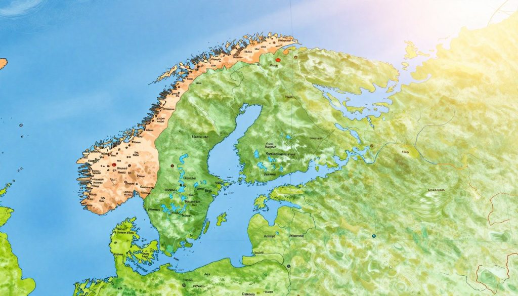 A detailed and vivid map showcasing the Gulf of Finland, with a focus on the surrounding countries: Finland, Estonia, and Russia. In the foreground, intricately illustrated coastal outlines mark the boundaries of each nation, emphasizing specific cities along the coast like Helsinki and Tallin. The middle section highlights key waterways, islands, and notable geographic features, presented in a rich color palette for clarity. The background features a soft gradient of blue skies and gentle waves, evoking a serene atmosphere. Subtle lighting effects radiate from the horizon, casting a warm glow on the map, suggesting a tranquil summer day. No captions or overlays are included, allowing the visual elements to stand out harmoniously, perfect for an educational and engaging illustration.