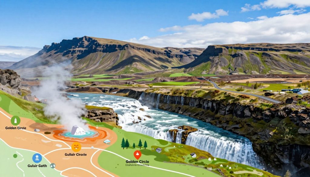 A detailed, illustrated map of the Golden Circle route in Iceland, showcasing the main attractions along the way. In the foreground, include vibrant icons representing key sites such as the Geysir geothermal area and Gullfoss waterfall, depicted with intricate details. The middle layer features a winding road with scenic landscapes, adorned with lush green fields and rich volcanic earth. In the background, majestic mountains rise against a bright blue sky, casting soft shadows to add depth. The atmosphere is inviting and adventurous, evoking the spirit of exploration. Include natural lighting to highlight the terrain and enhance colors. The composition should be clear and well-organized, focusing solely on the beauty of Iceland's Golden Circle without any text or overlays. A detailed, illustrated map of the Golden Circle route in Iceland, showcasing the main attractions along the way. In the foreground, include vibrant icons representing key sites such as the Geysir geothermal area and Gullfoss waterfall, depicted with intricate details. The middle layer features a winding road with scenic landscapes, adorned with lush green fields and rich volcanic earth. In the background, majestic mountains rise against a bright blue sky, casting soft shadows to add depth. The atmosphere is inviting and adventurous, evoking the spirit of exploration. Include natural lighting to highlight the terrain and enhance colors. The composition should be clear and well-organized, focusing solely on the beauty of Iceland's Golden Circle without any text or overlays.