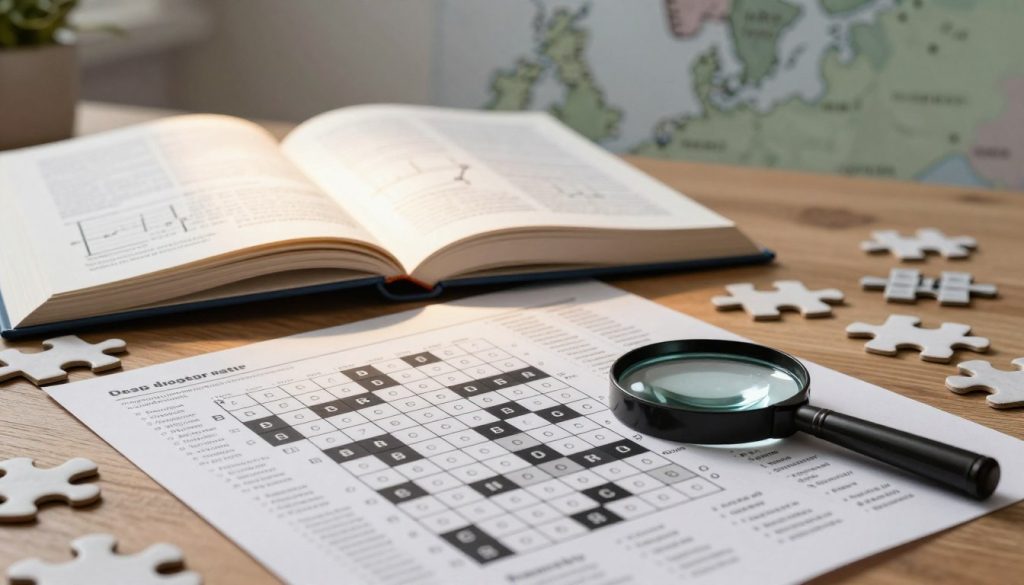 A detailed illustration of a crossword dictionary and algorithm concepts arranged on a wooden table, with puzzle pieces scattered around. The foreground features a crossword grid with definitions alongside a magnifying glass. In the middle, an open book with clear entries and algorithm diagrams glows softly under warm overhead lighting, evoking a scholarly atmosphere. In the background, subtle silhouettes of maps of the Gulf of Finland and its bordering countries create a contextual backdrop. The composition has a professional and intellectual mood, encapsulating the essence of definitions and data significance in crossword settings. Use a shallow depth of field to focus on the foreground, creating a soft bokeh effect in the background.