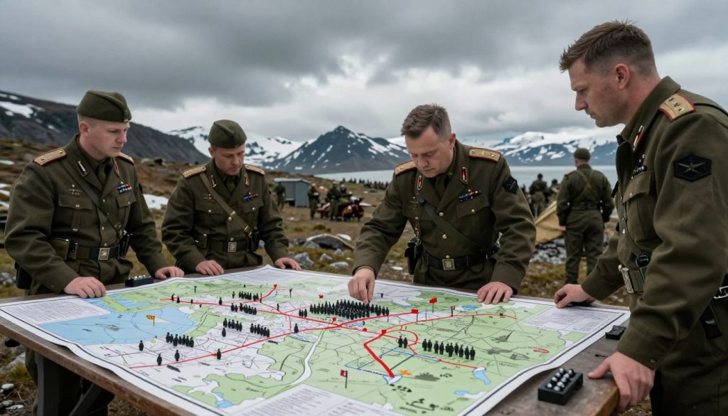 A detailed illustration of military tactics and strategies on the Narvik front, featuring a dynamic battlefield scene. In the foreground, a tactical map overlays a table, with miniature troop formations, flags, and strategic markers. In the middle ground, an officer in professional military attire analyzes the map, engaged in discussion with fellow strategists. The background showcases a rugged Nordic landscape, with snow-capped mountains and a cloudy sky, adding a dramatic ambiance. The lighting is dim but focused on the map table, creating a serious and contemplative atmosphere, reminiscent of strategic military planning. Wide-angle perspective emphasizes the scale of the operation while maintaining a sense of urgency and collaboration among military personnel.