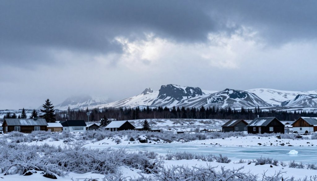 A detailed landscape showcasing the coldest countries in Europe, emphasizing stark, icy terrains. In the foreground, depict a scenic view of frosted tundra, interspersed with patches of snow and ice. In the middle ground, illustrate silhouettes of famous landmarks from these cold countries, like traditional wooden cabins and snow-covered mountains. The background should feature a dramatic sky with swirling gray and white clouds, hinting at an impending snowstorm. Use soft, diffused lighting to create a chill atmosphere, capturing the essence of winter. Convey a stark yet beautiful mood, symbolizing the harshness and allure of the coldest regions, inviting viewers to explore the extremes of European winter landscapes.
